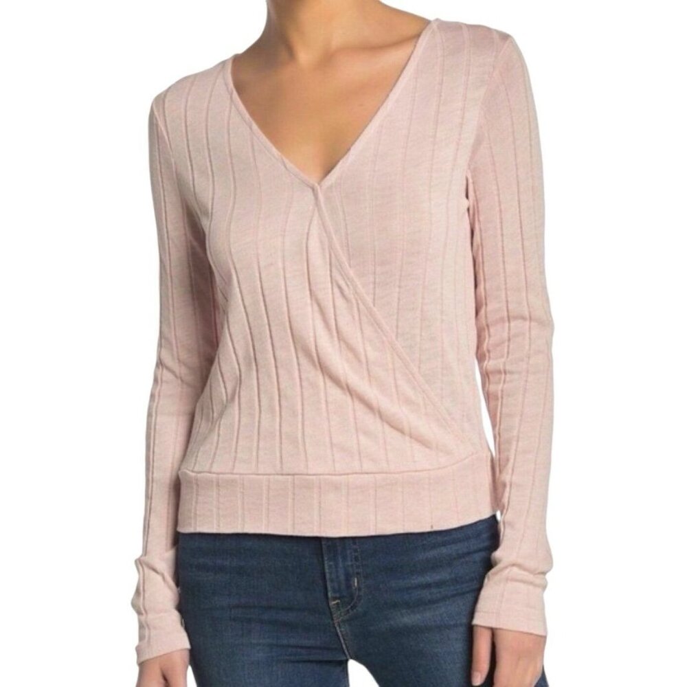 Sanctuary Polina Over the Rainbow Pink Ribbed Surplice Faux Wrap Blouse Size L - Picture 8 of 9